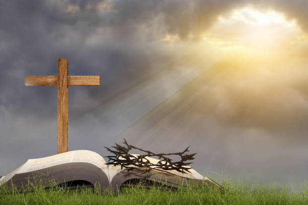 기독교 십자가와 가시 면류관을 쓴 책을 펼치십시오. - applauding cross cross shape jesus christ 뉴스 사진 이미지