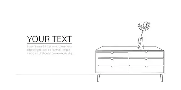 Vector illustration of Continuous line drawing of chest of drawers, commode, flower in vase and place for text. One line drawing of bureau, indoor furniture editable stroke. Single line Handdraw contour. Vector illustration