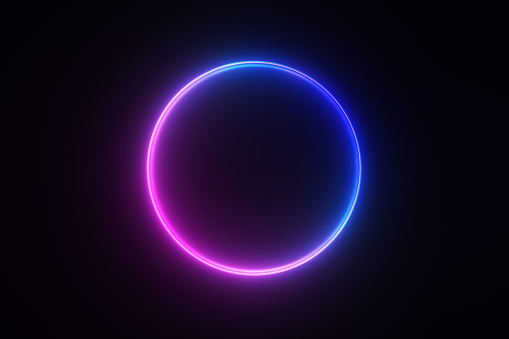Glowing circle shape on black background. Horizontal composition.