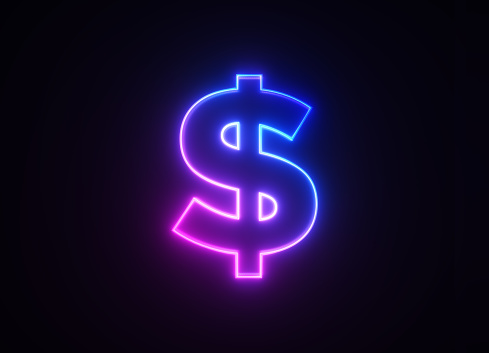 Glowing dollar sign on black background. Horizontal composition.