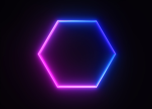 Glowing hexagon shape on black background. Horizontal composition.