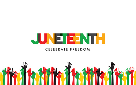 Colorful hands below Juneteenth message on white. Horizontal composition.