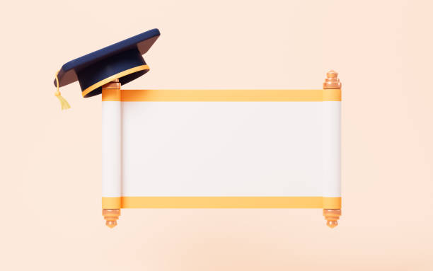 istock Opening scroll and graduate cap on the yellow background, 3d rendering. 1494446387