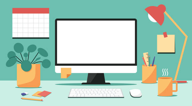 home-office-arbeitsplatzkonzept mit desktop-computer - schreibtisch stock-grafiken, -clipart, -cartoons und -symbole