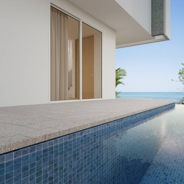 istock Empty terrace floor and white wall in modern beach house or luxury pool villa. 1494448190