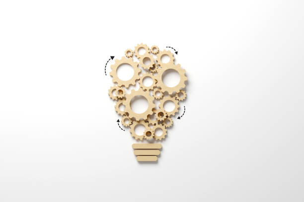 istock Business process and workflow automation with flowchart. Wooden cog flowing process management lightbulb shape on white background. 3d illustration 1494459123
