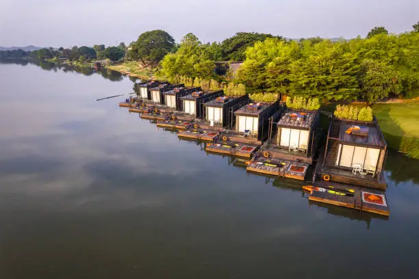 Aerial view of river Kwai and floating houses in Kanchanaburi province, Thailand, south east Asia