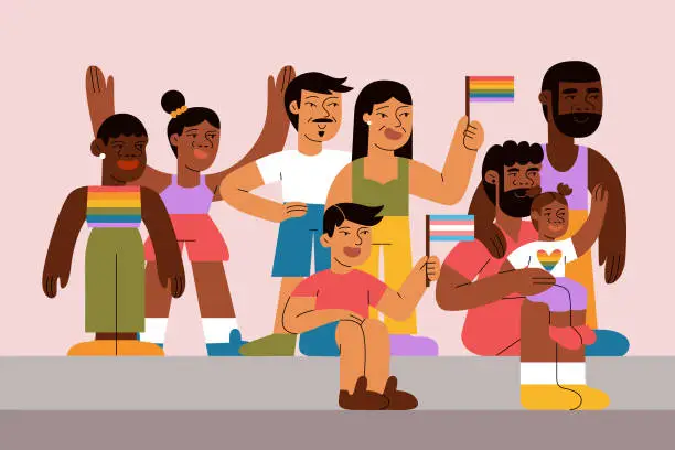 Vector illustration of A Multiracial Group of Friends and Family Watch and Celebrate Pride Parade Together