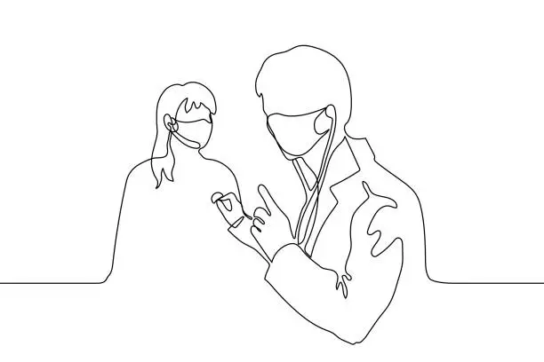 Vector illustration of doctor in mask examines a masked patient. one line drawing doctor listens to the chest of a woman with a stethoscope.