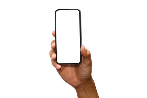 istock Hand holding smartphone isolated on white background - Clipping Path 1494464994