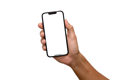 Hand holding the black smartphone iphone with blank screen and modern frameless design in two rotated perspective positions - isolated on white background - Clipping Path