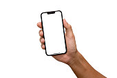 Hand holding smartphone isolated on white background - Clipping Path