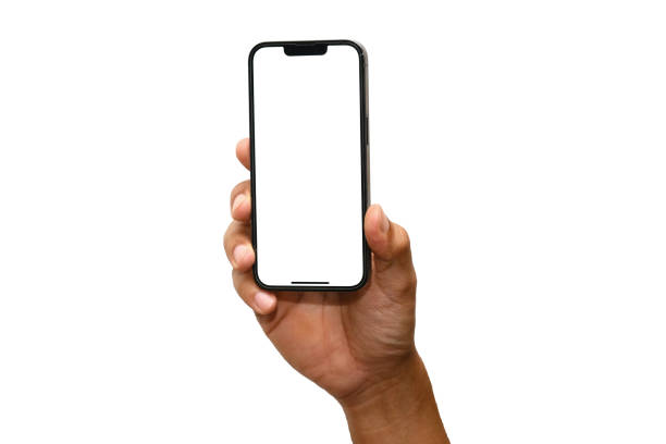 istock Hand holding smartphone isolated on white background - Clipping Path 1494464997