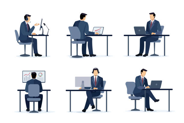 Businesspeople analyzing financial data on charts and graphs. Conference meeting planning report market analysis accounting. Traders at Work. Financial analyst. Businessman sitting at desk. vector art illustration