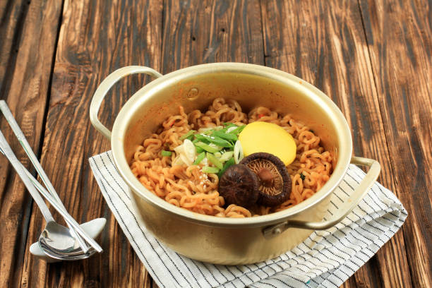 Close Up Korean Style Instant Noodle, Ramyeon or Ramyun with Spicy Flavour stock photo