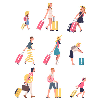People Characters with Suitcases Going on Summer Vacation Having Journey Vector Set. Happy Man and Woman Tourist with Luggage Travelling Having Wanderlust
