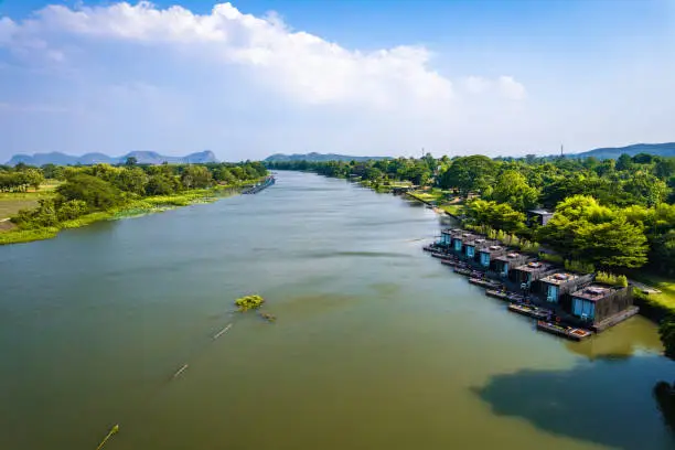 Aerial view of river Kwai and floating houses in Kanchanaburi province, Thailand, south east Asia