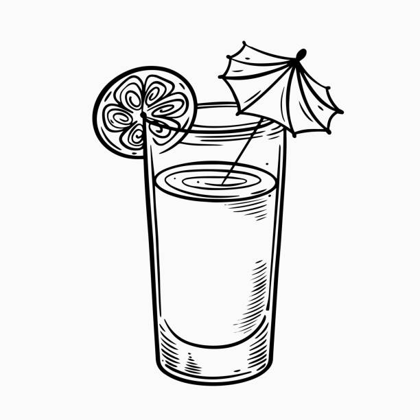 手描きの夏の飲み物のカクテルグラスと傘。黒い色の線画フラットスタイルのベクターイラスト。 - margarita cocktail drink umbrella drink点のイラスト素材／クリップアート素材／マンガ素材／アイコン素材