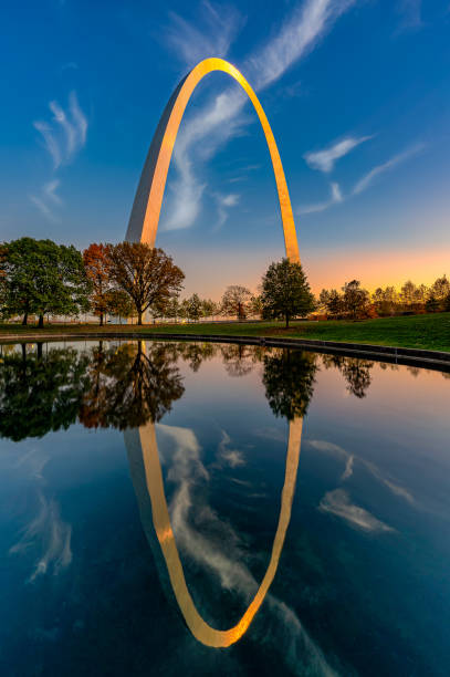 Gateway Reflections Gateway Arch and reflection. At gateway National park. In St. Louis Missouri. jefferson national expansion memorial park stock pictures, royalty-free photos & images