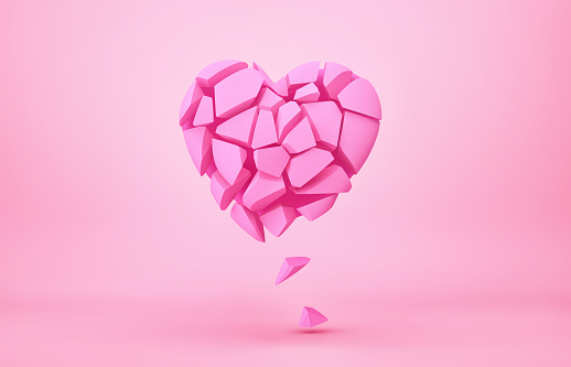 Pink broken heart on pink background. 3D rendering