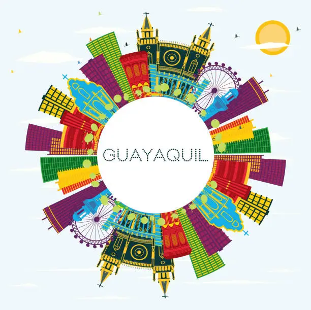 Vector illustration of Guayaquil Ecuador City Skyline with Color Buildings, Blue Sky and Copy Space.