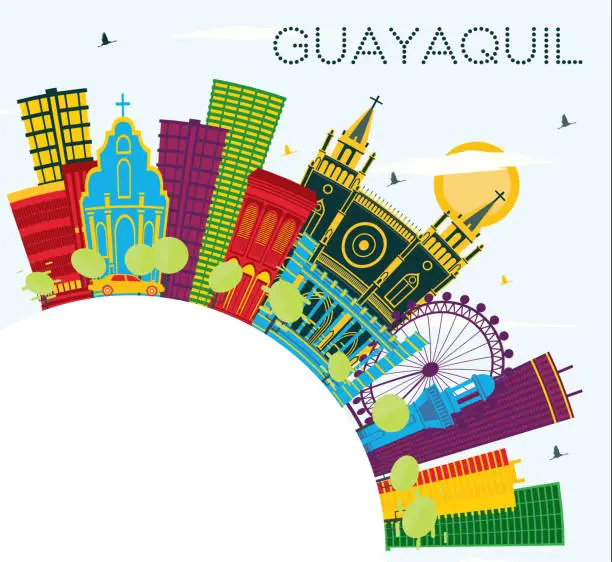 Vector illustration of Guayaquil Ecuador City Skyline with Color Buildings, Blue Sky and Copy Space.