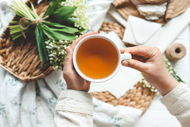 istock Close-up cup of tea in hands, aesthetics and inspiration 1494477812