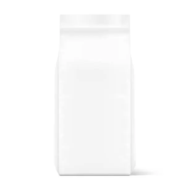 Vector illustration of Realistic vertical gusseted bag mockup. Half side view. Vector illustration isolated on white background.