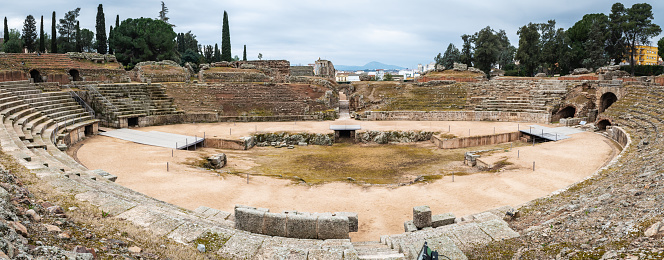 Wide-angle view of the Roman amphitheatre of Merida in Extremadura, Spain. Completed in the year 8 BC, it is still one of the most famous and visited landmarks in Spain.