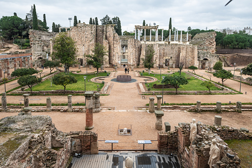 Wide-angle view of the peristyle of the Roman Theatre of Merida in Extremadura, Spain. Built in the years 16 to 15 BCE, it is still one of the most famous and visited landmarks in Spain.