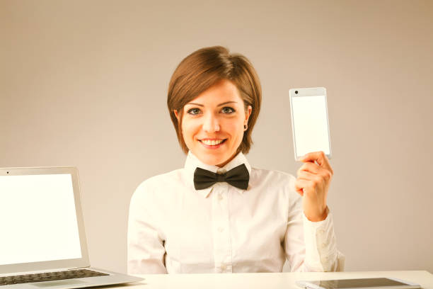 istock Vintage woman presents digital devices 1494483690