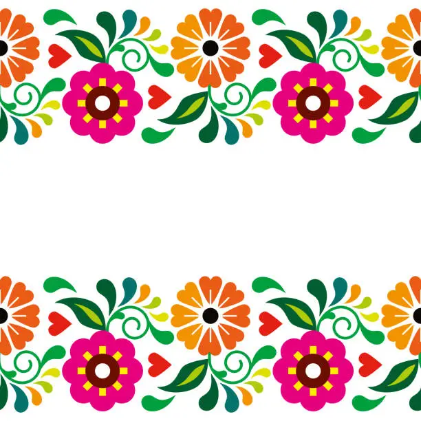 Vector illustration of Mexican folk art style vector floral design, retro colorful greeting card and seamless pattern inspired by traditional embroidery from Mexico