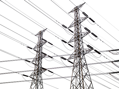 High voltage pole Power Energy Electrician Tower Station Hight Transmission Isolated Clipping Path on White Background,Tectnology Construction Line Communication Plant Electric Network Infrastructure.