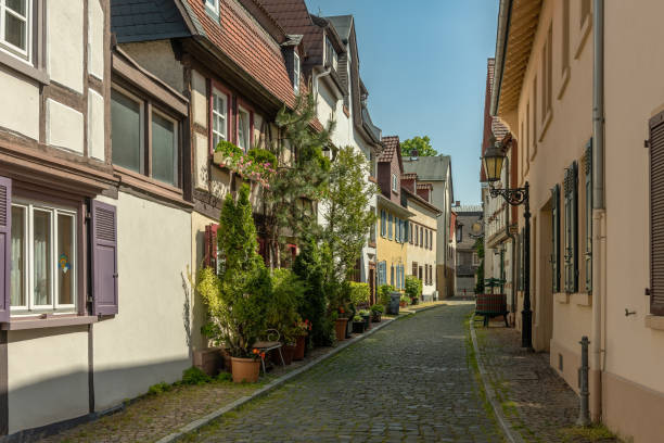 Small street in the historic old town of Frankfurt-Hoechst, Germany stock photo