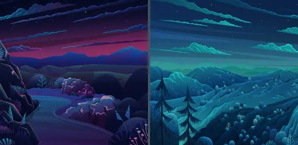 Vector illustration of Mountain landscape background at night time. Road in green valley, hills, clouds and stars on sky