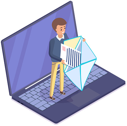 Young man holding open envelope symbol of email. Communication via electronic mail concept. Online chatting and mailing via Internet. Letter, postal item, virtual mailbox vector illustration