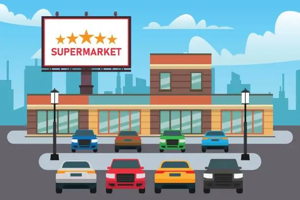 Vector illustration of Supermarket parking lot with cars