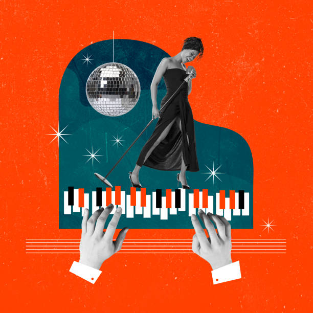 Artistic, young, talented african woman singing in microphone, piano melody spreading. Contemporary art collage.
