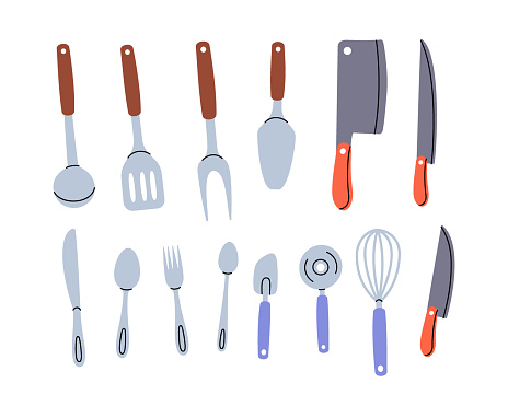 Kitchen utensils. Kitchen spoon, knife, fork, cooking whisk, pizza cutter, confectionery spatula, knife, barbecue fork, kitchen spatula, ladle. Vector illustration. Isolated on white background