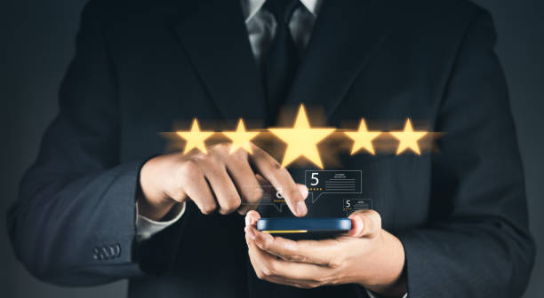 istock Customer or User give rating to service experiences review satisfaction feedback survey on online application, Customer can evaluate quality of service leading to reputation ranking of business. 1494494745