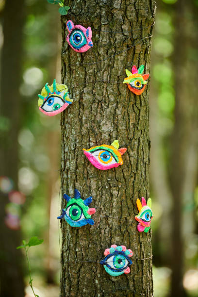 istock Art object of human eyes on tree trunk in green forest background, trees sight feeling ecological concept 1494495504