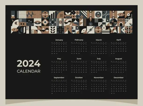 Vector illustration of Calendar 2024 geometric patterns. Calendar template for 2024 year with geometric shapes.