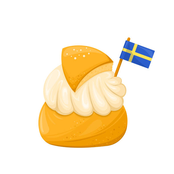 Semla traditional pastry from Sweden Semla is a traditional scandinavian whipped cream filled cardamom bun with almond paste. Fastlagsbulle decorated with Flag of Sweden vector illustration pancake day stock illustrations