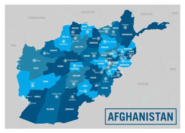 Vector illustration of Afghanistan country political map. Detailed vector illustration with isolated provinces, departments, regions, cities and states easy to ungroup.