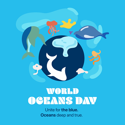 World Oceans Day themed flat illustration featuring a blue ocean encircling the globe. Surrounding the Earth are various marine creatures, symbolizing the intention to aid in the preservation of the planet and the oceans. The background is depicted in different shades of blue, representing the vastness and beauty of the ocean. This illustration serves as a visual reminder of the importance of World Oceans Day and the global efforts to protect and conserve our precious marine ecosystems.