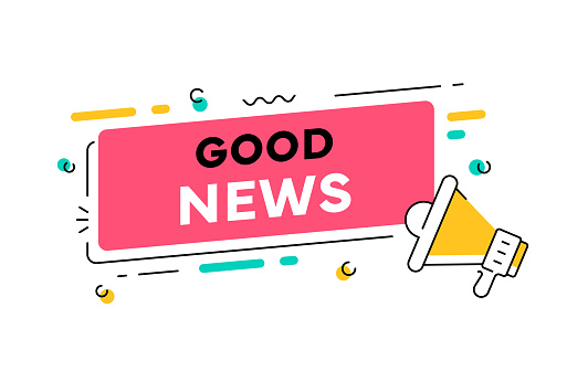 “Good News” phrase placed in a pink bubble with design elements and a megaphone isolated on a white background