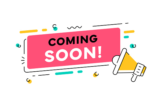 “Coming Soon” phrase placed in a pink bubble with design elements and a megaphone isolated on a white background