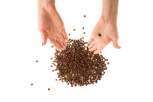 Woman's hands with red nails holding coffee beans. High quality photo