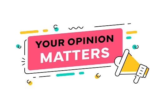 “Your Opinion Matters” phrase placed in a pink bubble with design elements and a megaphone isolated on a white background
