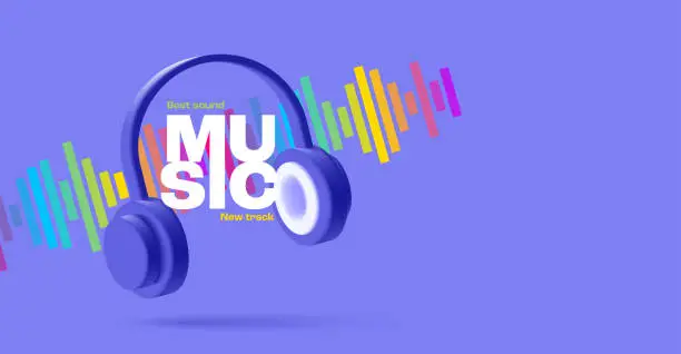 Vector illustration of Music, 3d headphones, with a dynamic color sound wave on a purple background. For advertising albums and music collections. Professional headset for listening to music.